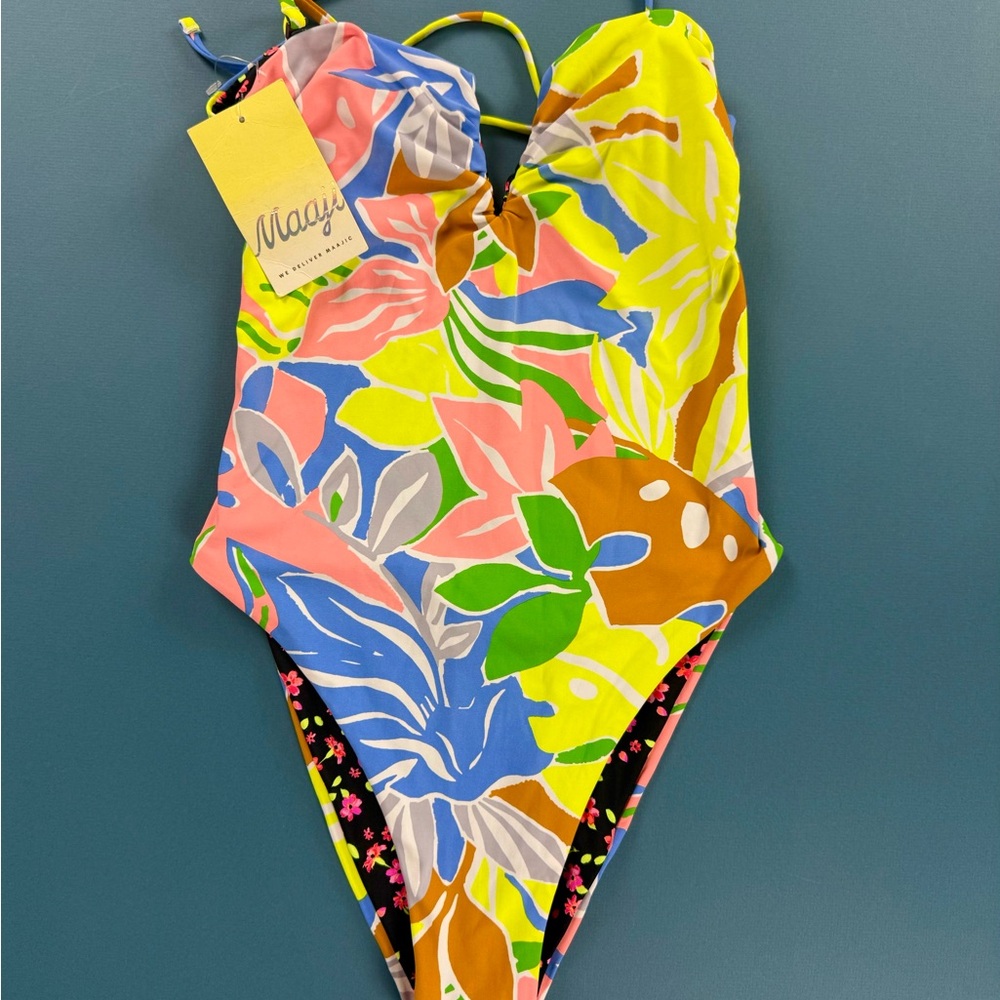 Maaji One Piece Swimsuit Floral Reversible Yellow, Pink, Blue Size Medium NWT